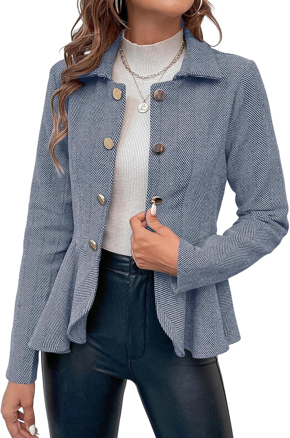 imageCicy Bell Elegant Women Blazer Business Work Office Peplum Hem Jacket Open Front Herringbone CoatsBlue