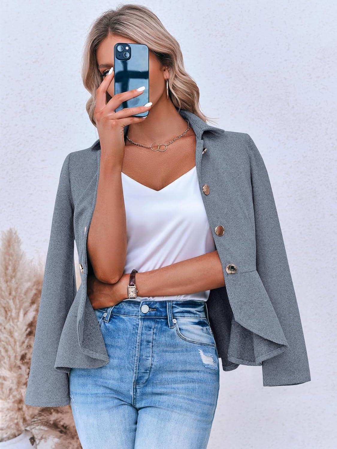 imageCicy Bell Elegant Women Blazer Business Work Office Peplum Hem Jacket Open Front Herringbone CoatsBlue