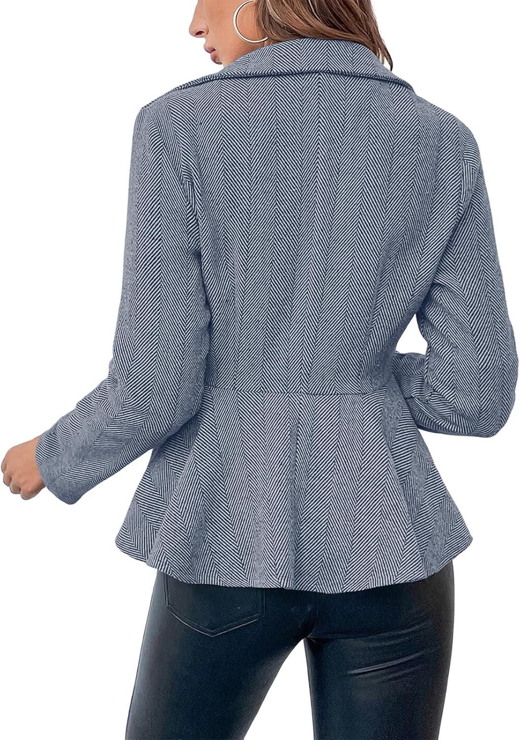 imageCicy Bell Elegant Women Blazer Business Work Office Peplum Hem Jacket Open Front Herringbone CoatsBlue