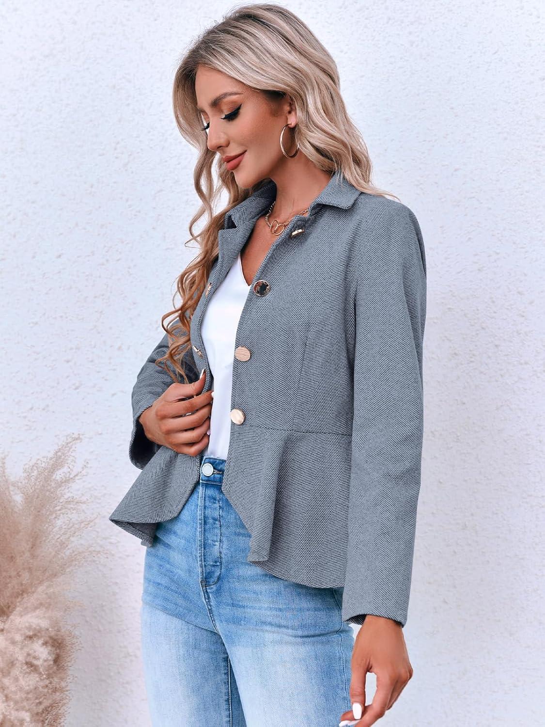 imageCicy Bell Elegant Women Blazer Business Work Office Peplum Hem Jacket Open Front Herringbone CoatsBlue
