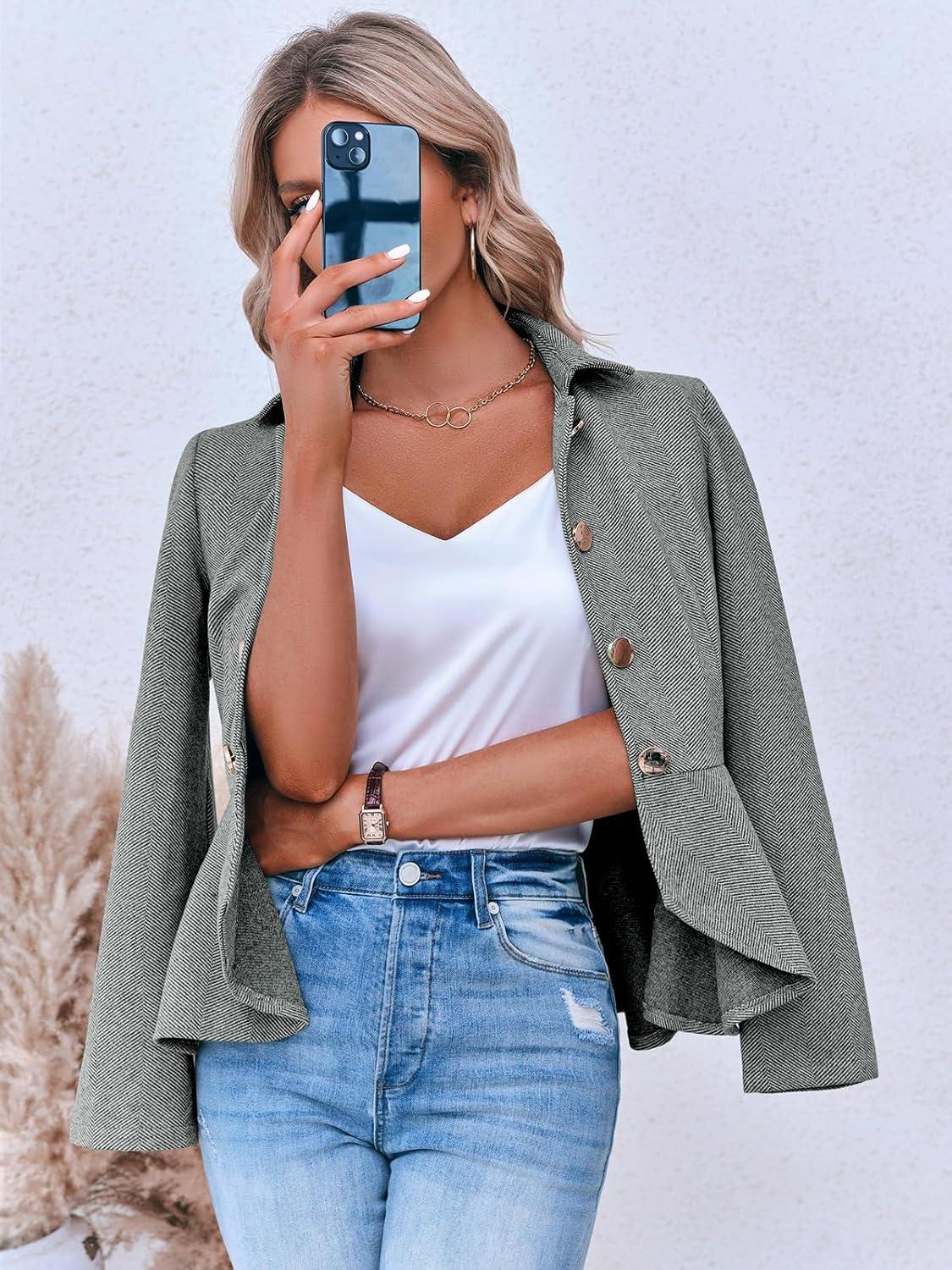 imageCicy Bell Elegant Women Blazer Business Work Office Peplum Hem Jacket Open Front Herringbone CoatsDark Gray