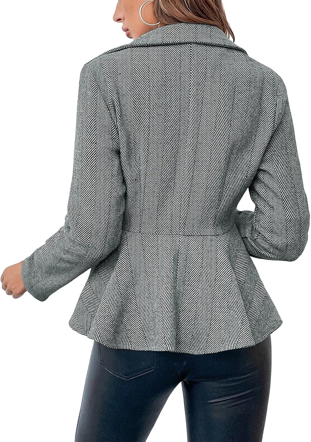 imageCicy Bell Elegant Women Blazer Business Work Office Peplum Hem Jacket Open Front Herringbone CoatsDark Gray