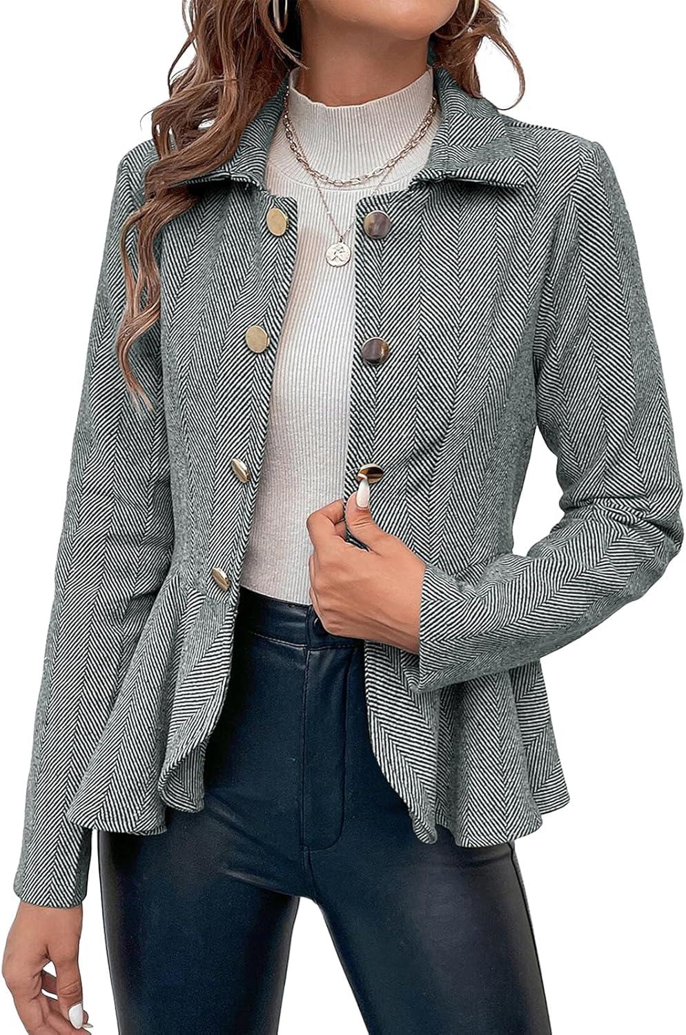 imageCicy Bell Elegant Women Blazer Business Work Office Peplum Hem Jacket Open Front Herringbone CoatsDark Gray