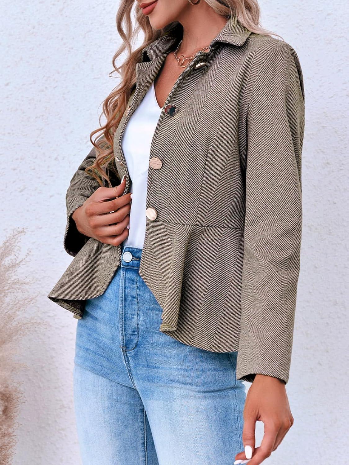 imageCicy Bell Elegant Women Blazer Business Work Office Peplum Hem Jacket Open Front Herringbone CoatsKhaki