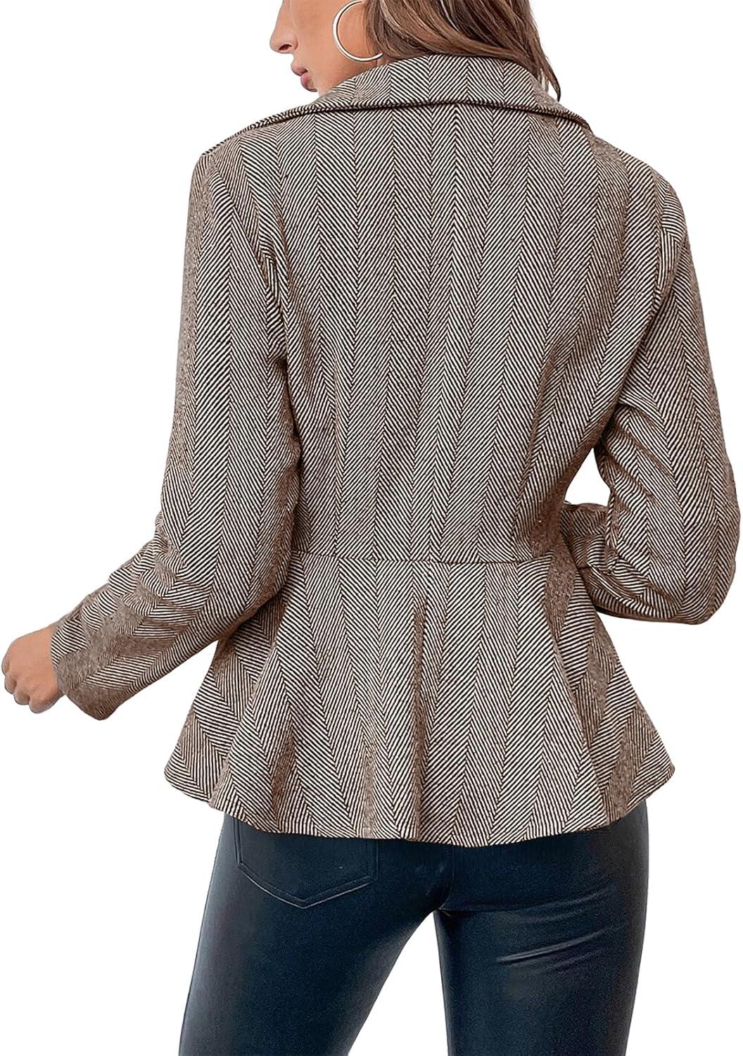 imageCicy Bell Elegant Women Blazer Business Work Office Peplum Hem Jacket Open Front Herringbone CoatsKhaki