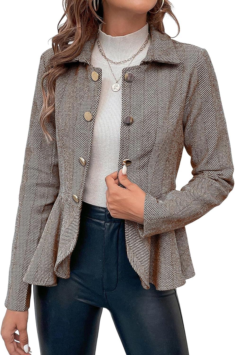 imageCicy Bell Elegant Women Blazer Business Work Office Peplum Hem Jacket Open Front Herringbone CoatsKhaki