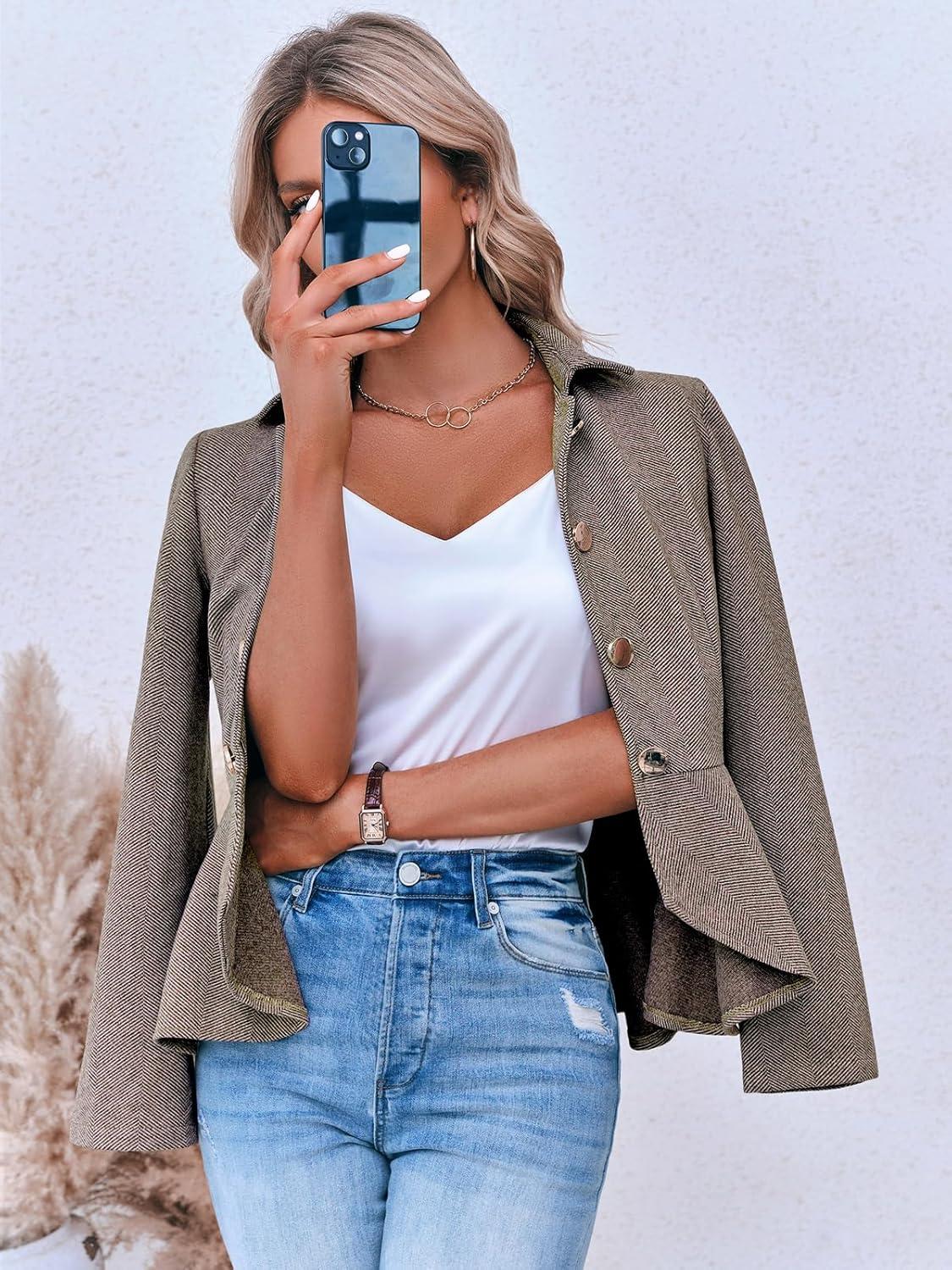 imageCicy Bell Elegant Women Blazer Business Work Office Peplum Hem Jacket Open Front Herringbone CoatsKhaki