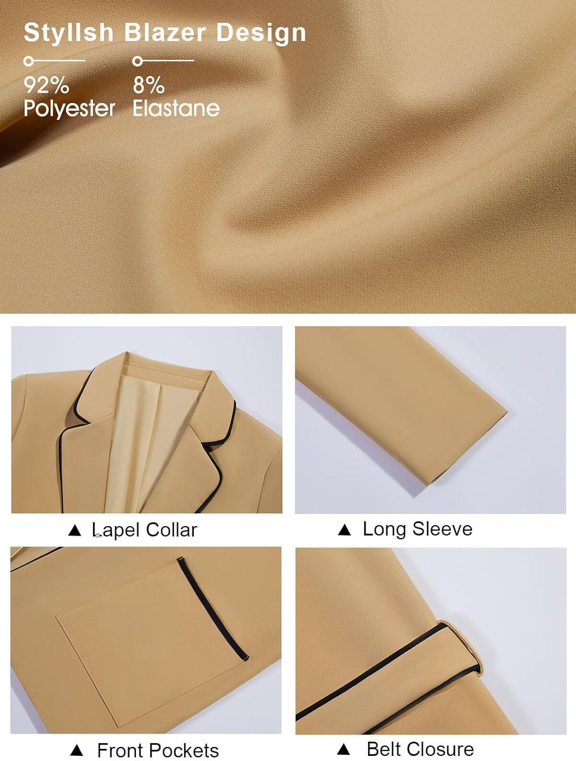 imageCicy Bell Womens Belted Casual Blazer Long Sleeve Open Front Contrast Binding Suit Jackets Dressy Blouse TopsKhaki