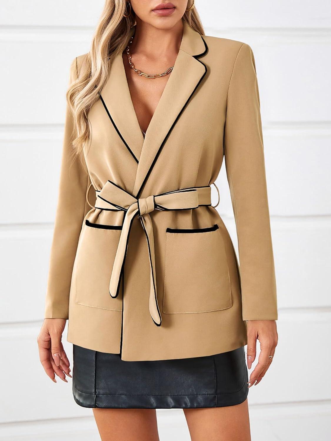 imageCicy Bell Womens Belted Casual Blazer Long Sleeve Open Front Contrast Binding Suit Jackets Dressy Blouse TopsKhaki