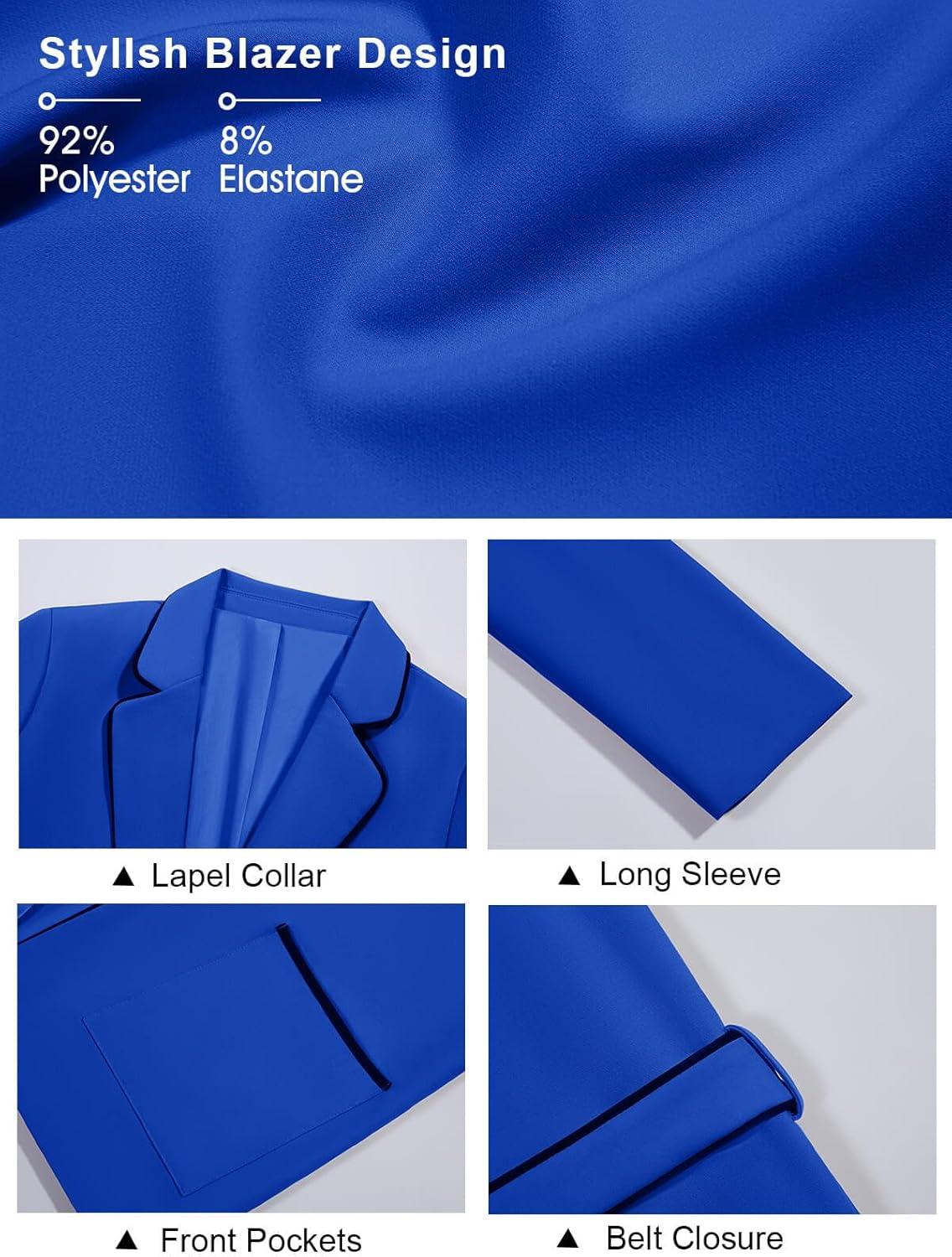 imageCicy Bell Womens Belted Casual Blazer Long Sleeve Open Front Contrast Binding Suit Jackets Dressy Blouse TopsRoyal Blue