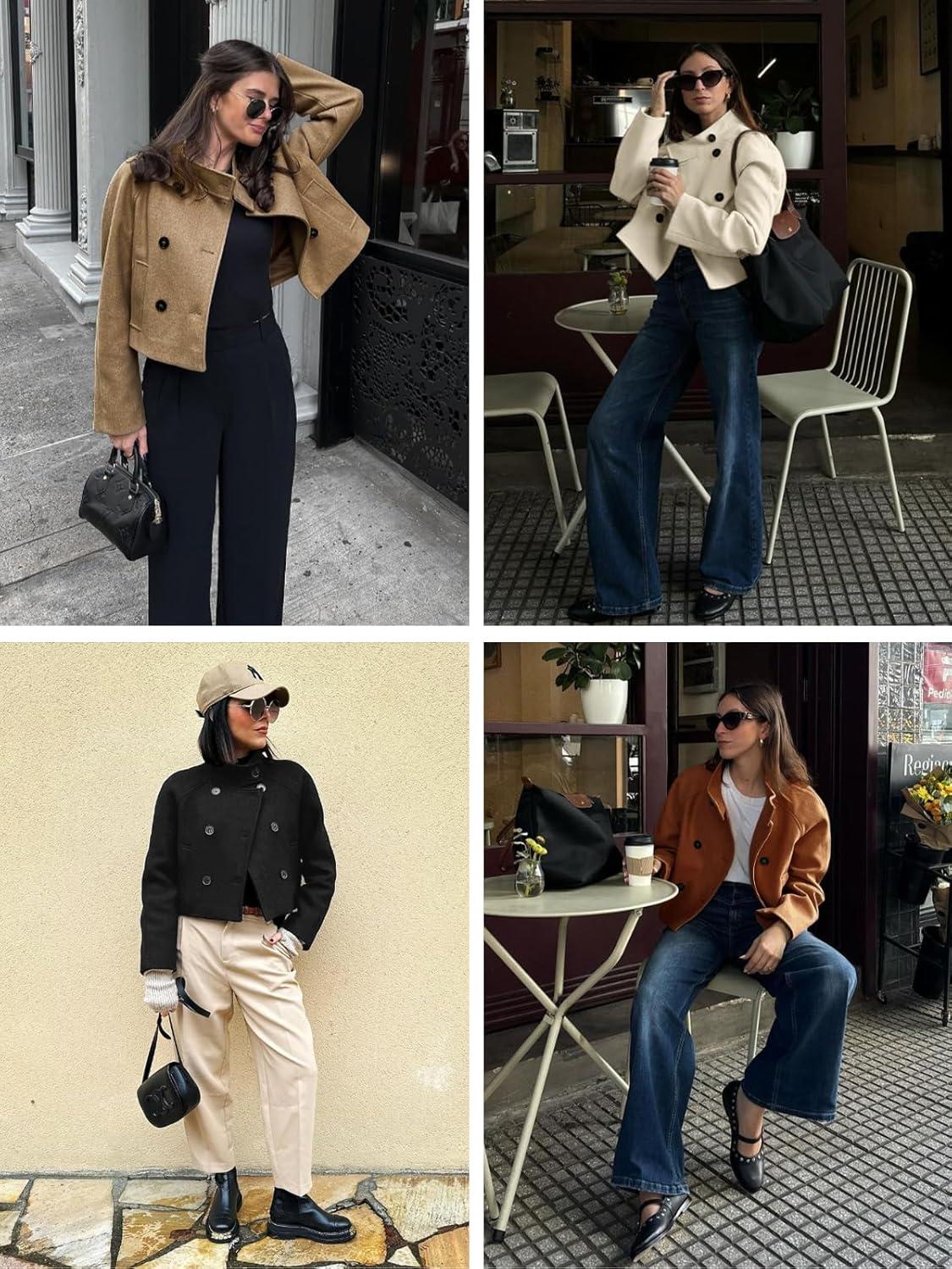 imageCicy Bell Womens Cropped Pea Coat Casual Double Breasted Stand Collar Long Sleeve Fall Short Jackets OutwearBeige