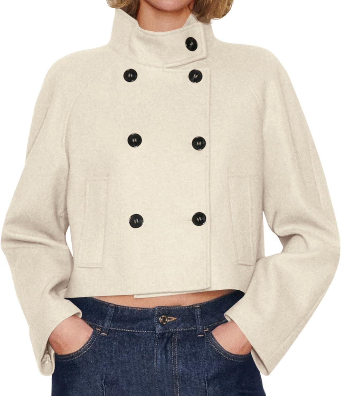 imageCicy Bell Womens Cropped Pea Coat Casual Double Breasted Stand Collar Long Sleeve Fall Short Jackets OutwearBeige