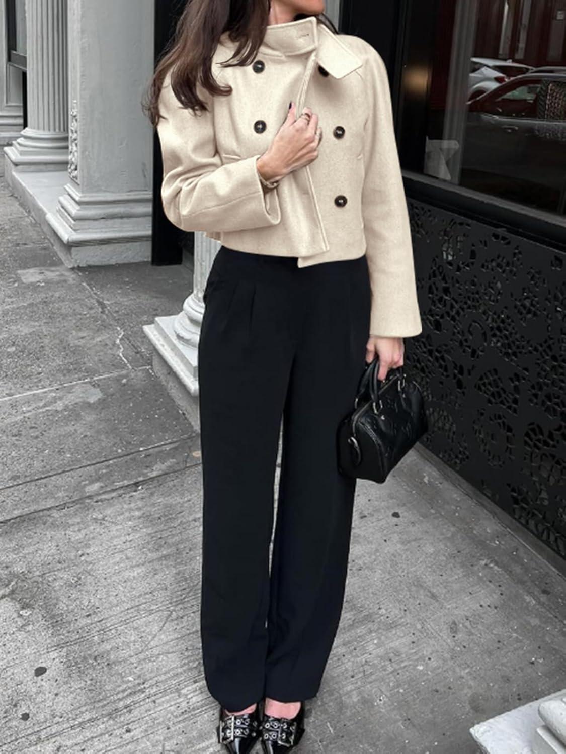 imageCicy Bell Womens Cropped Pea Coat Casual Double Breasted Stand Collar Long Sleeve Fall Short Jackets OutwearBeige