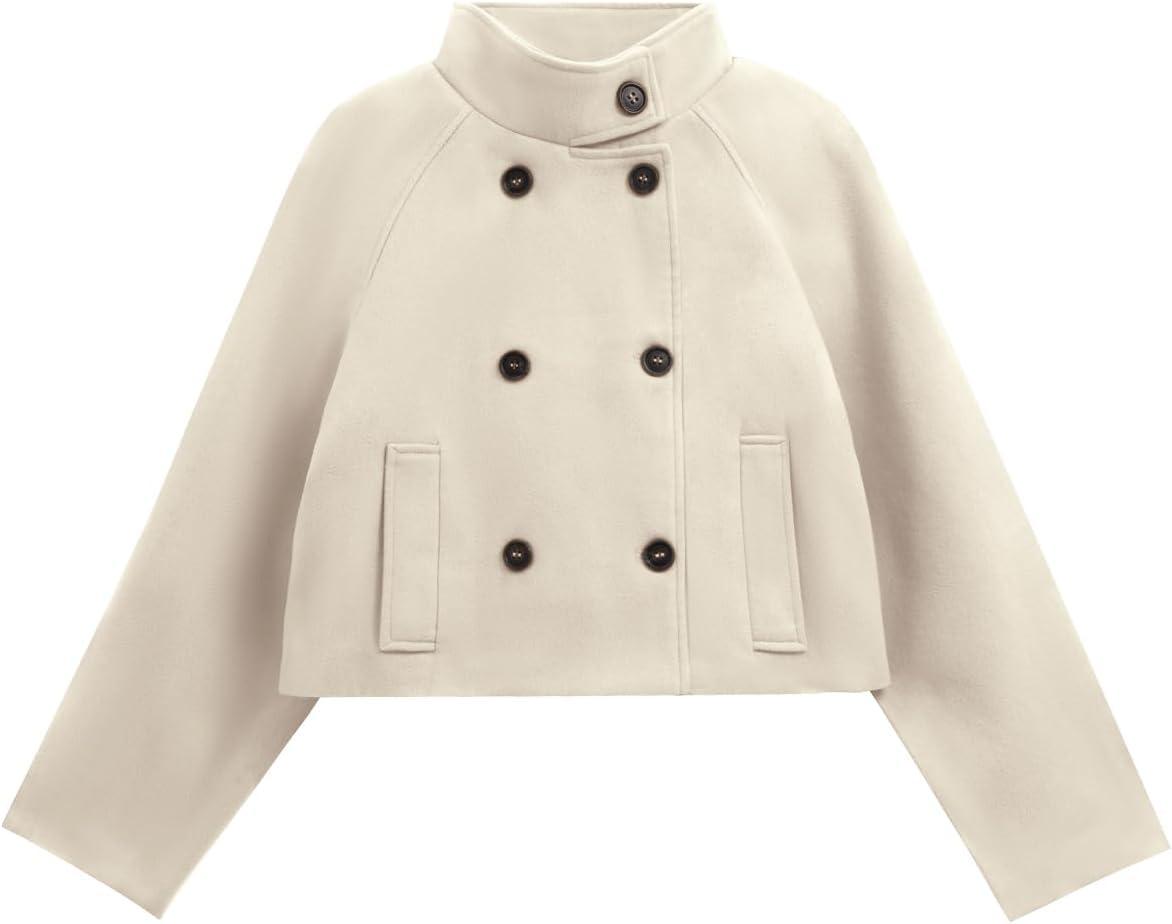 imageCicy Bell Womens Cropped Pea Coat Casual Double Breasted Stand Collar Long Sleeve Fall Short Jackets OutwearBeige