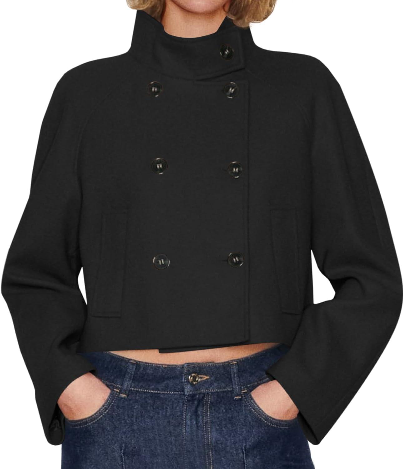imageCicy Bell Womens Cropped Pea Coat Casual Double Breasted Stand Collar Long Sleeve Fall Short Jackets OutwearBlack