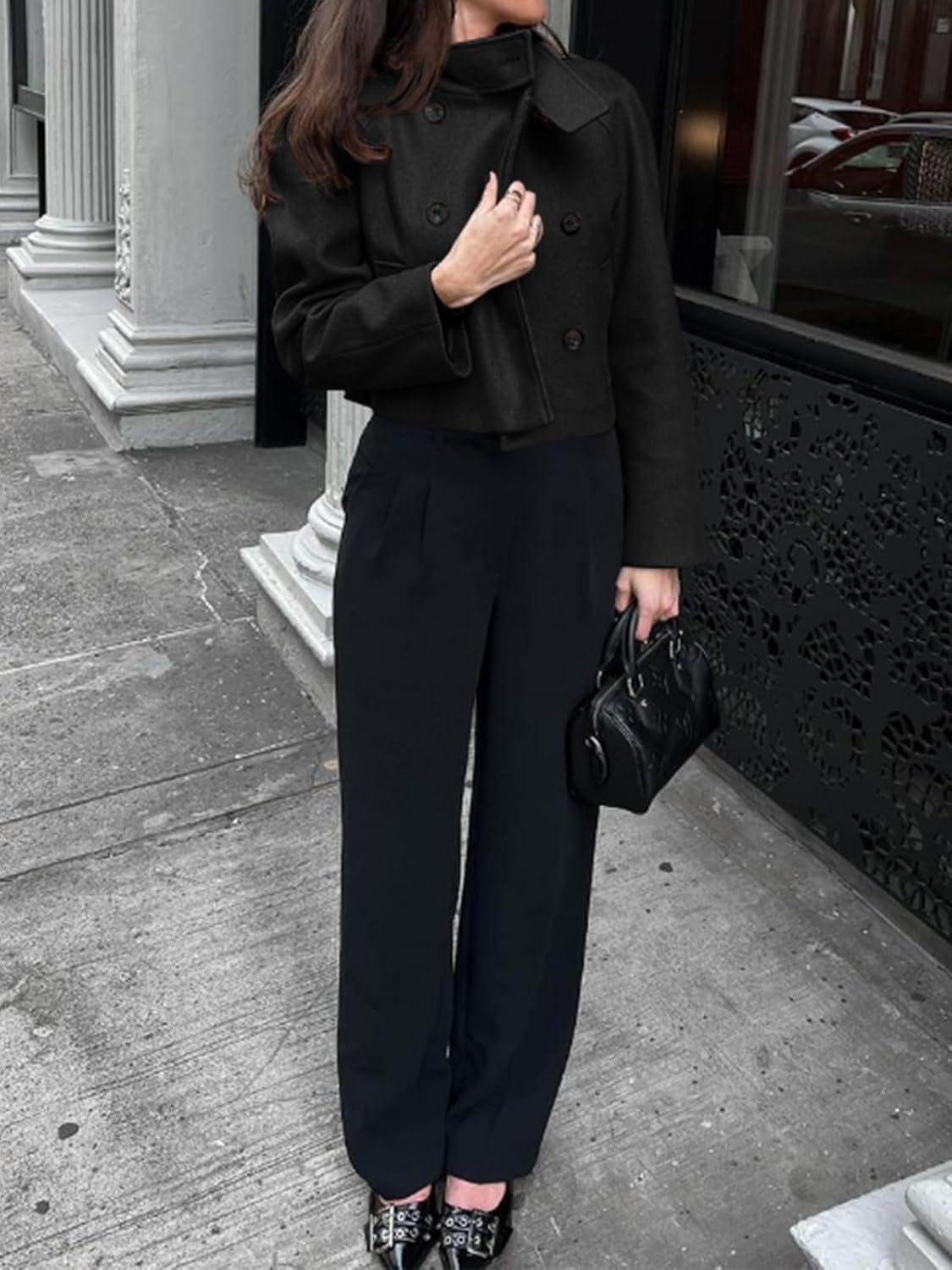 imageCicy Bell Womens Cropped Pea Coat Casual Double Breasted Stand Collar Long Sleeve Fall Short Jackets OutwearBlack