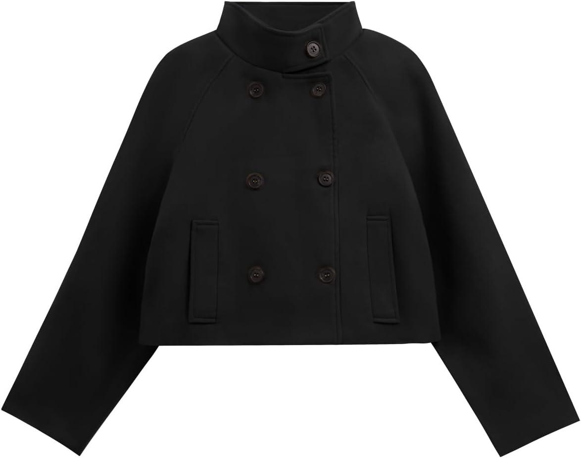 imageCicy Bell Womens Cropped Pea Coat Casual Double Breasted Stand Collar Long Sleeve Fall Short Jackets OutwearBlack