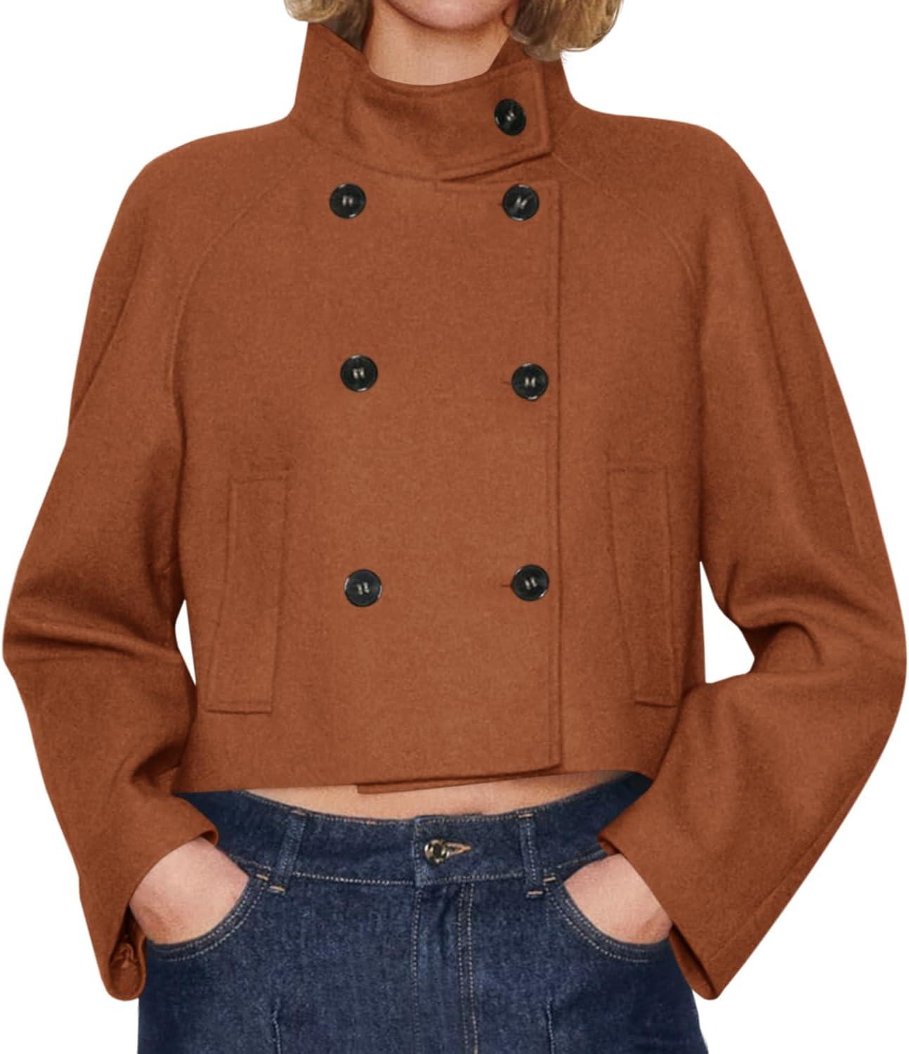 imageCicy Bell Womens Cropped Pea Coat Casual Double Breasted Stand Collar Long Sleeve Fall Short Jackets OutwearBrown