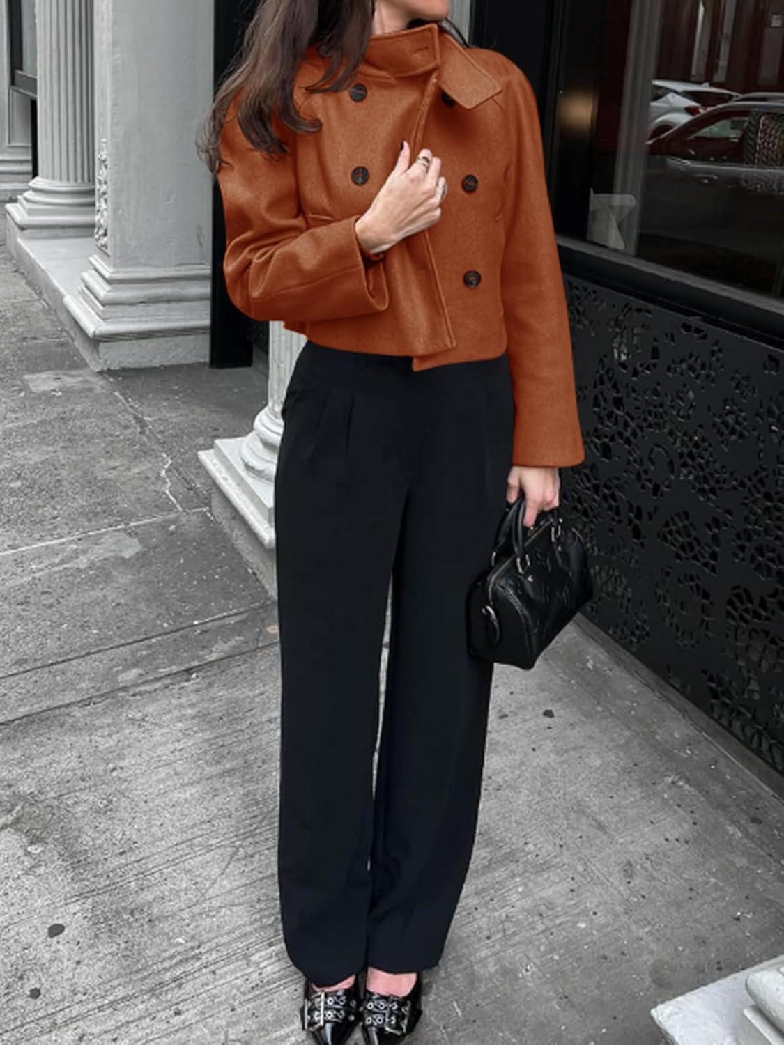 imageCicy Bell Womens Cropped Pea Coat Casual Double Breasted Stand Collar Long Sleeve Fall Short Jackets OutwearBrown