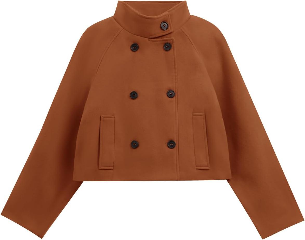 imageCicy Bell Womens Cropped Pea Coat Casual Double Breasted Stand Collar Long Sleeve Fall Short Jackets OutwearBrown