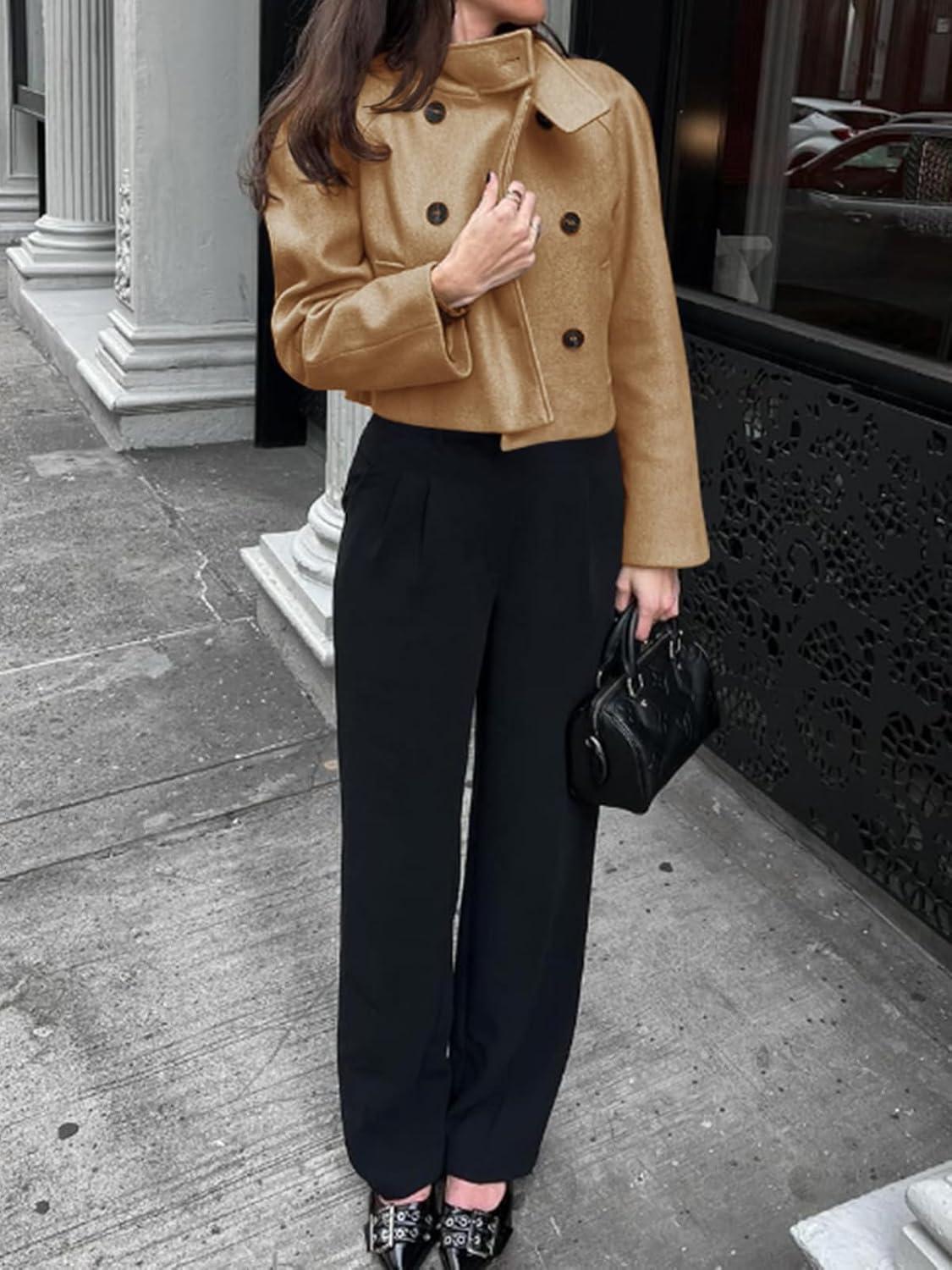 imageCicy Bell Womens Cropped Pea Coat Casual Double Breasted Stand Collar Long Sleeve Fall Short Jackets OutwearKhaki