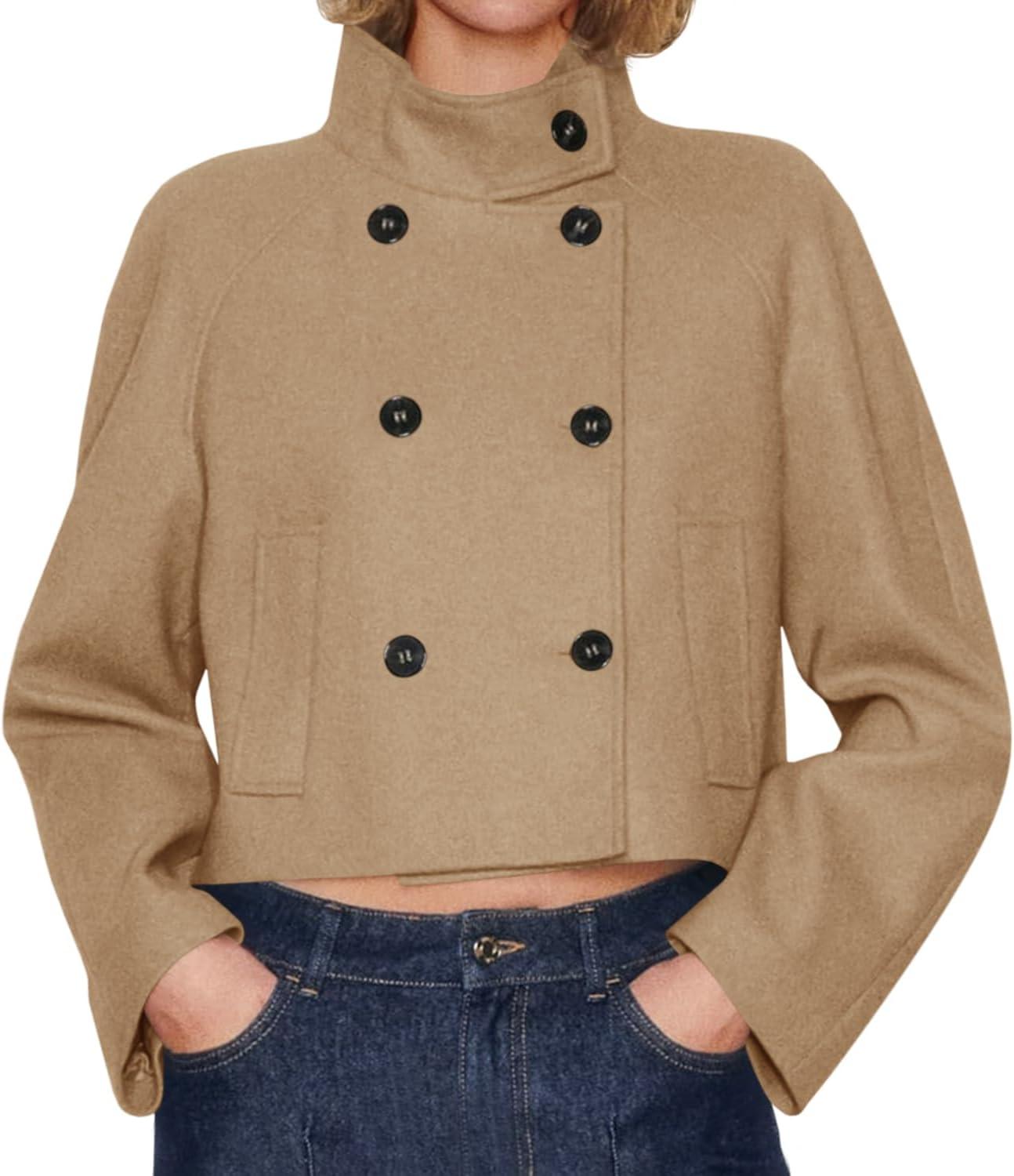 imageCicy Bell Womens Cropped Pea Coat Casual Double Breasted Stand Collar Long Sleeve Fall Short Jackets OutwearKhaki