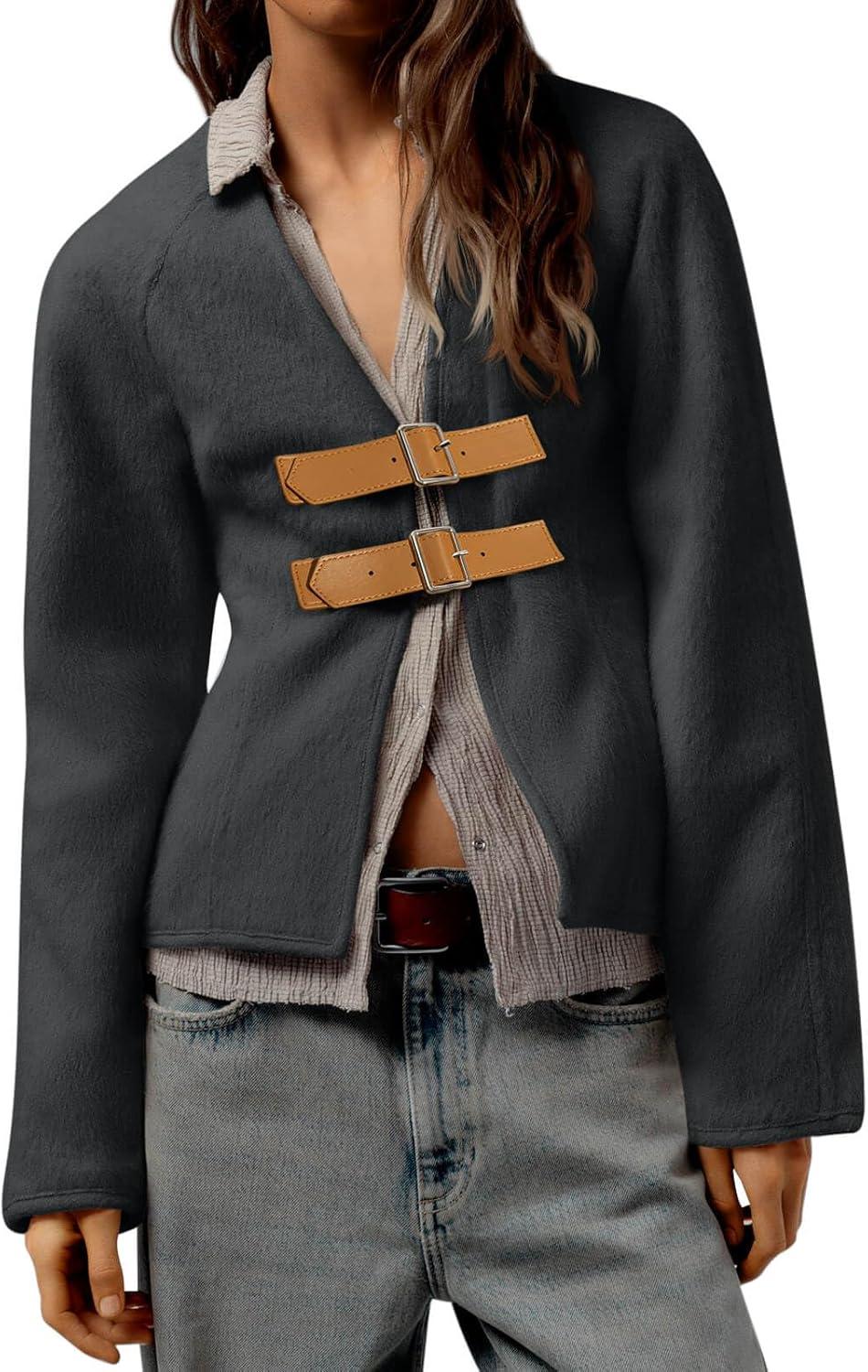 imageCicy Bell Womens Cropped Pea Coat V Neck Short Wool Jackets Vintage Casual Y2K Fall Open Front Blazer with BuckleBlack