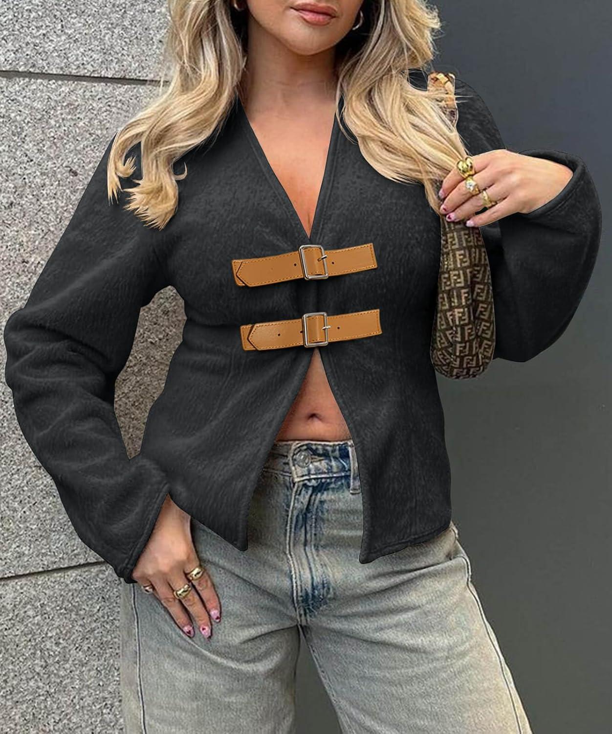 imageCicy Bell Womens Cropped Pea Coat V Neck Short Wool Jackets Vintage Casual Y2K Fall Open Front Blazer with BuckleBlack