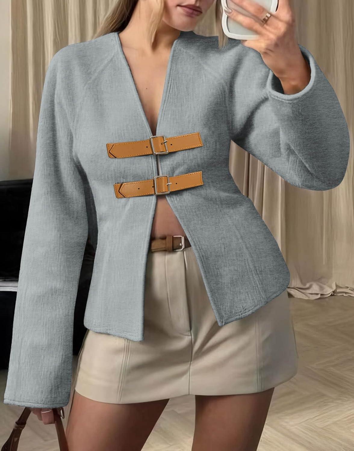 imageCicy Bell Womens Cropped Pea Coat V Neck Short Wool Jackets Vintage Casual Y2K Fall Open Front Blazer with BuckleGrey