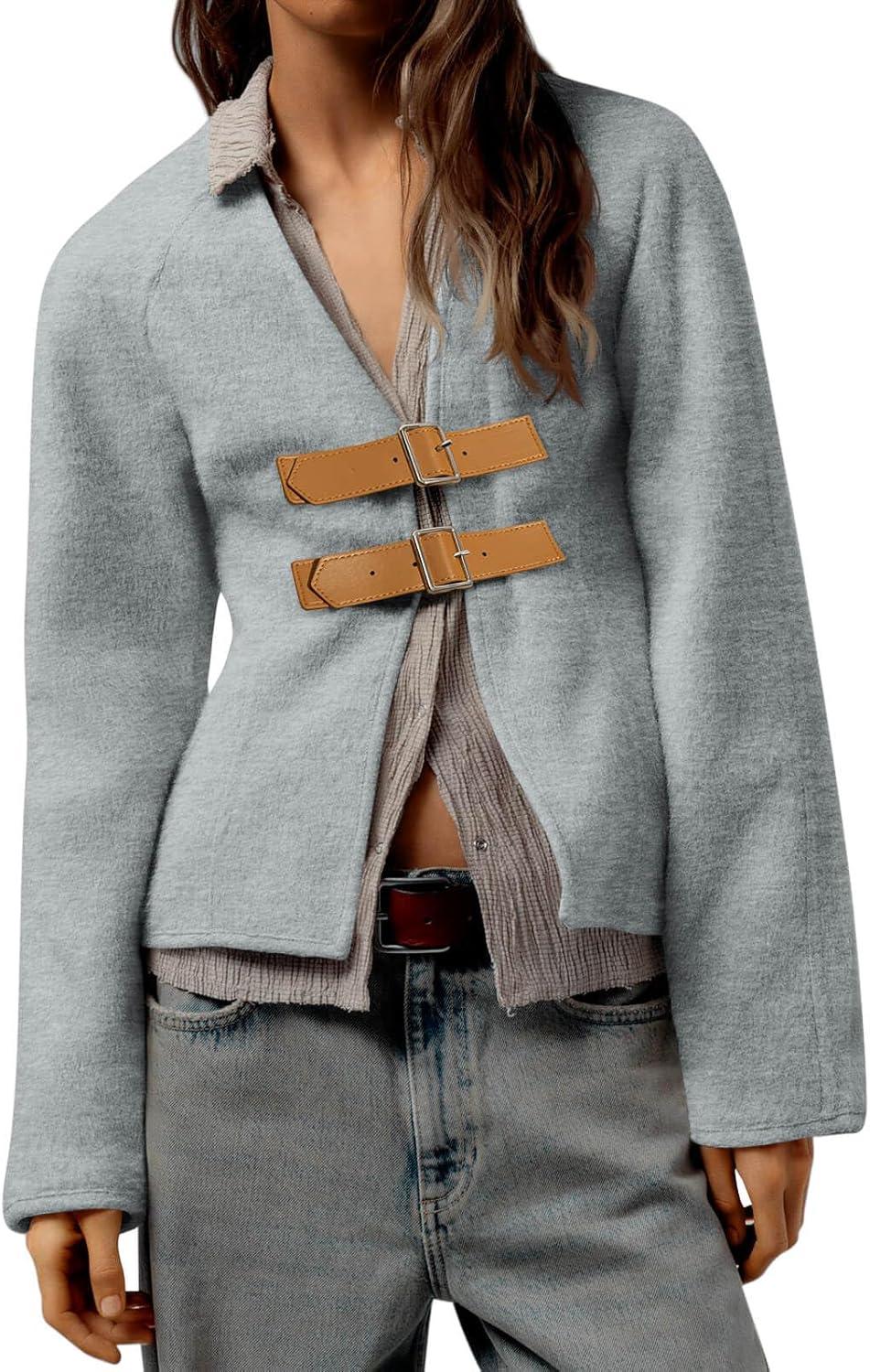 imageCicy Bell Womens Cropped Pea Coat V Neck Short Wool Jackets Vintage Casual Y2K Fall Open Front Blazer with BuckleGrey