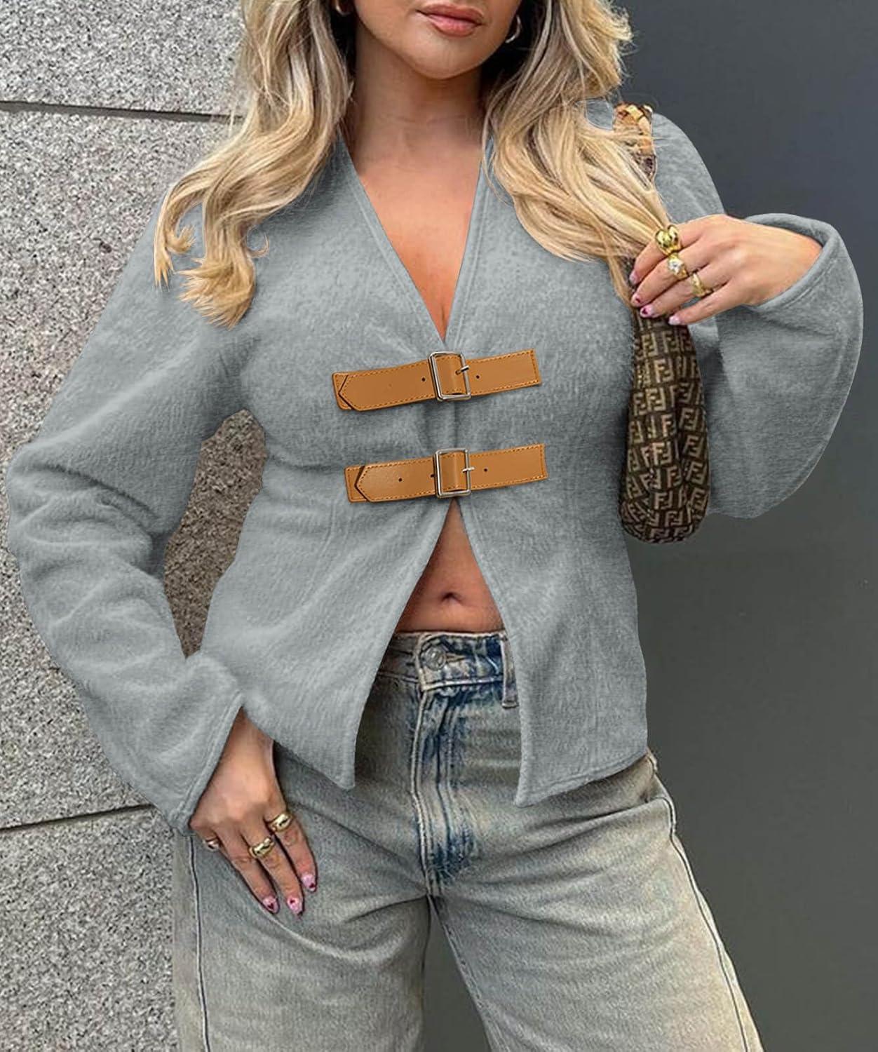 imageCicy Bell Womens Cropped Pea Coat V Neck Short Wool Jackets Vintage Casual Y2K Fall Open Front Blazer with BuckleGrey