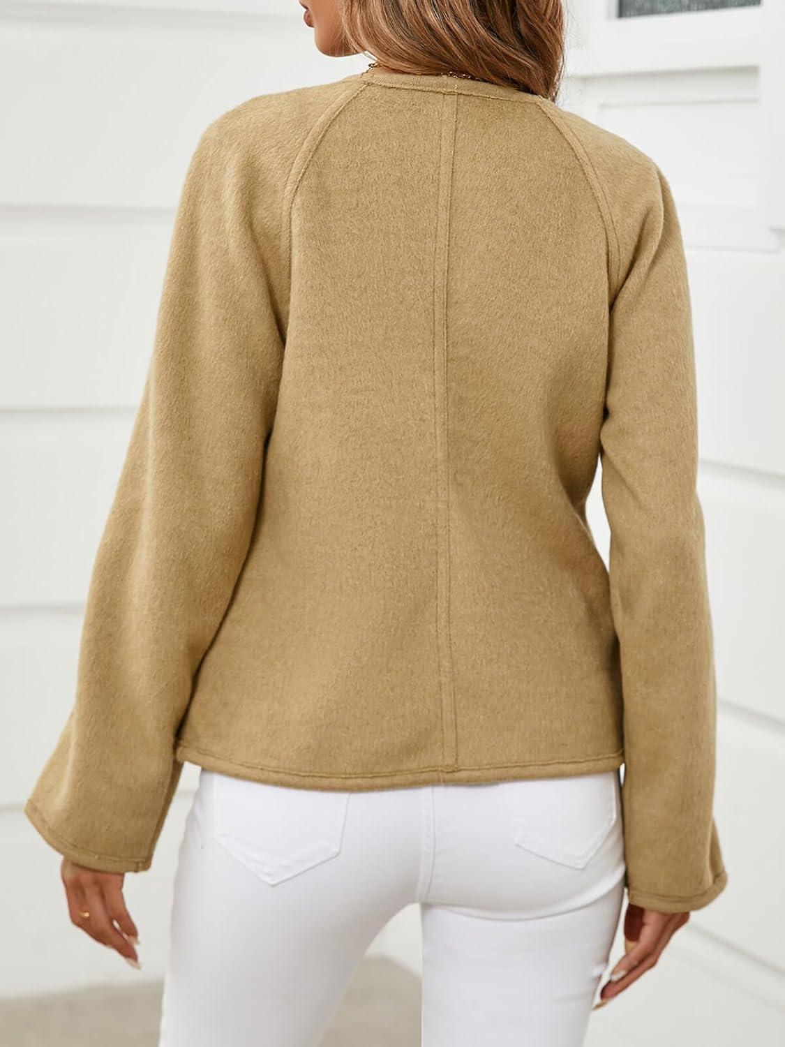 imageCicy Bell Womens Cropped Pea Coat V Neck Short Wool Jackets Vintage Casual Y2K Fall Open Front Blazer with BuckleKhaki