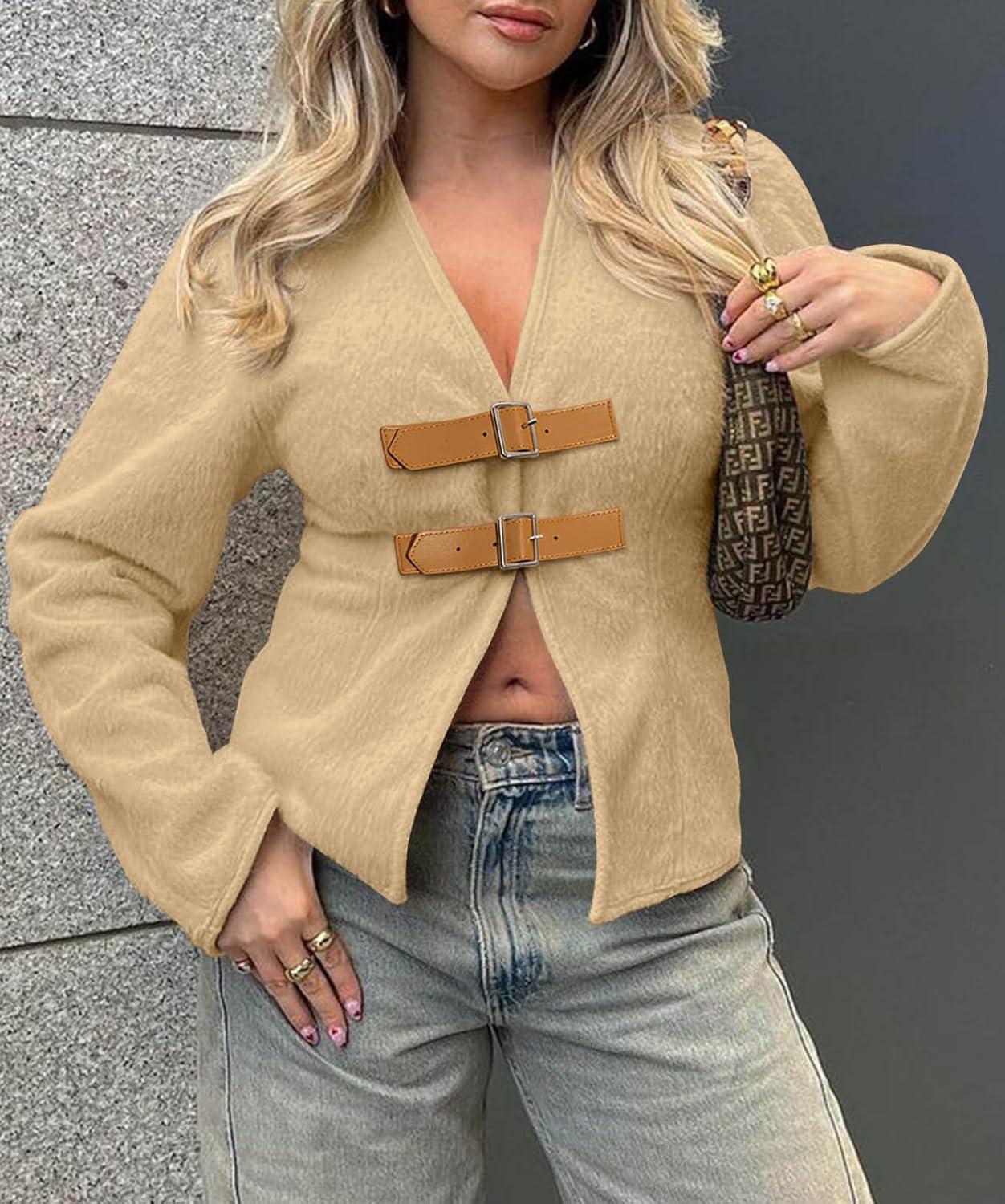 imageCicy Bell Womens Cropped Pea Coat V Neck Short Wool Jackets Vintage Casual Y2K Fall Open Front Blazer with BuckleKhaki