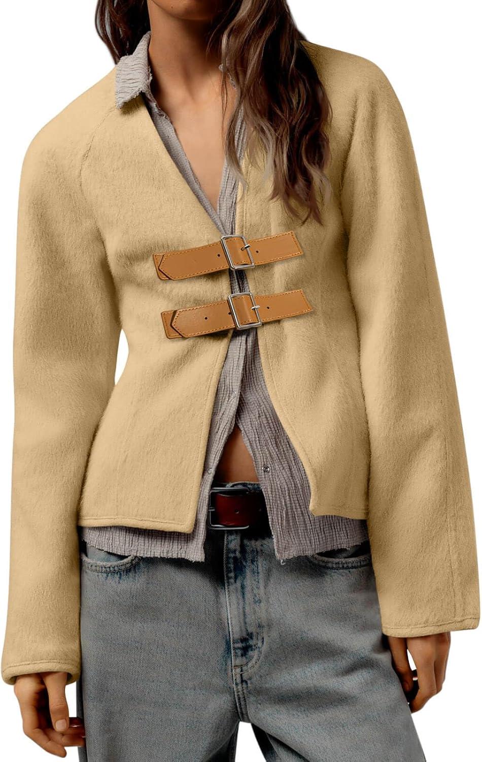 imageCicy Bell Womens Cropped Pea Coat V Neck Short Wool Jackets Vintage Casual Y2K Fall Open Front Blazer with BuckleKhaki