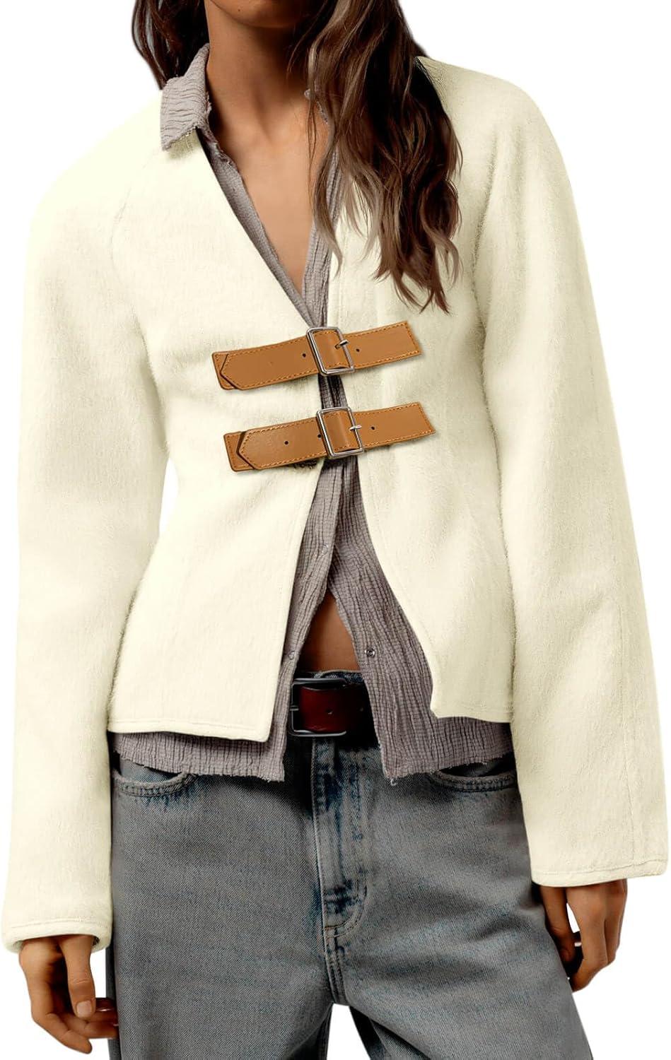 imageCicy Bell Womens Cropped Pea Coat V Neck Short Wool Jackets Vintage Casual Y2K Fall Open Front Blazer with BuckleWhite