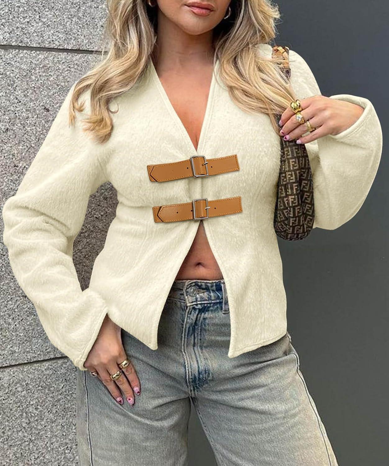imageCicy Bell Womens Cropped Pea Coat V Neck Short Wool Jackets Vintage Casual Y2K Fall Open Front Blazer with BuckleWhite