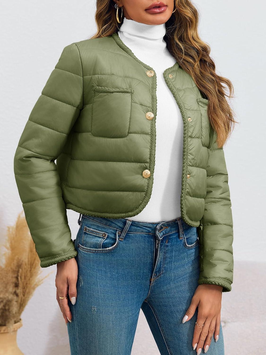imageCicy Bell Womens Cropped Puffer Jackets Quilted Lightweight Collarless Button Down Warm Winter Coats with PocketsArmy Green