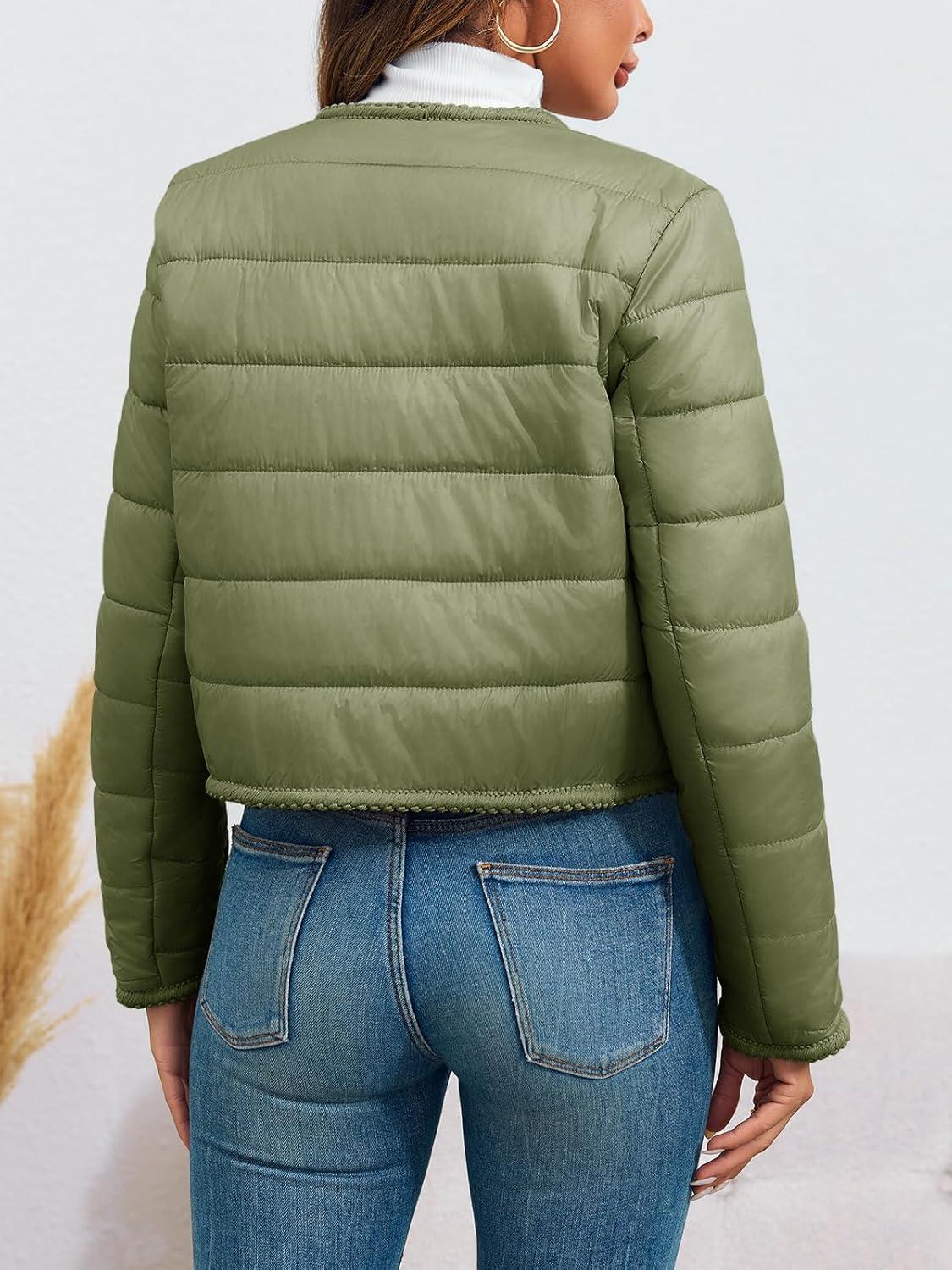 imageCicy Bell Womens Cropped Puffer Jackets Quilted Lightweight Collarless Button Down Warm Winter Coats with PocketsArmy Green