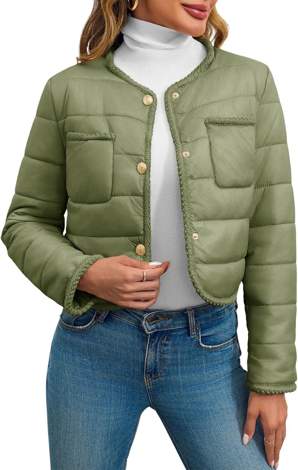 imageCicy Bell Womens Cropped Puffer Jackets Quilted Lightweight Collarless Button Down Warm Winter Coats with PocketsArmy Green