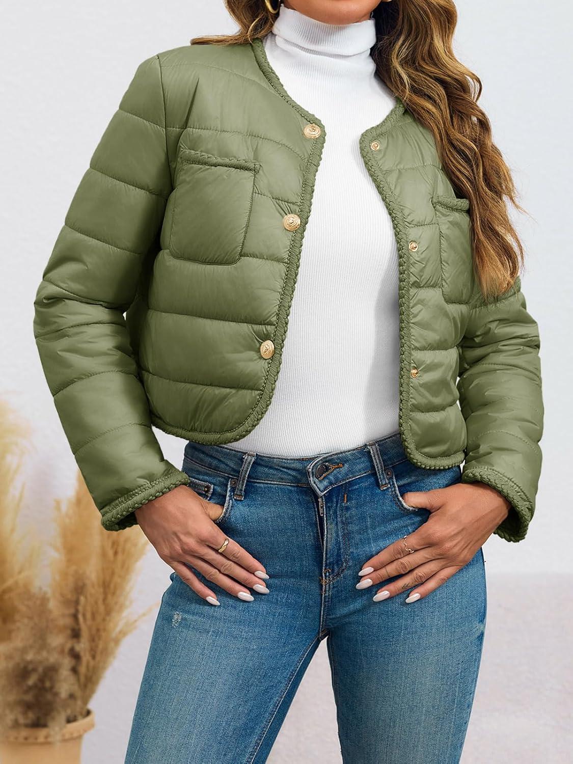 imageCicy Bell Womens Cropped Puffer Jackets Quilted Lightweight Collarless Button Down Warm Winter Coats with PocketsArmy Green