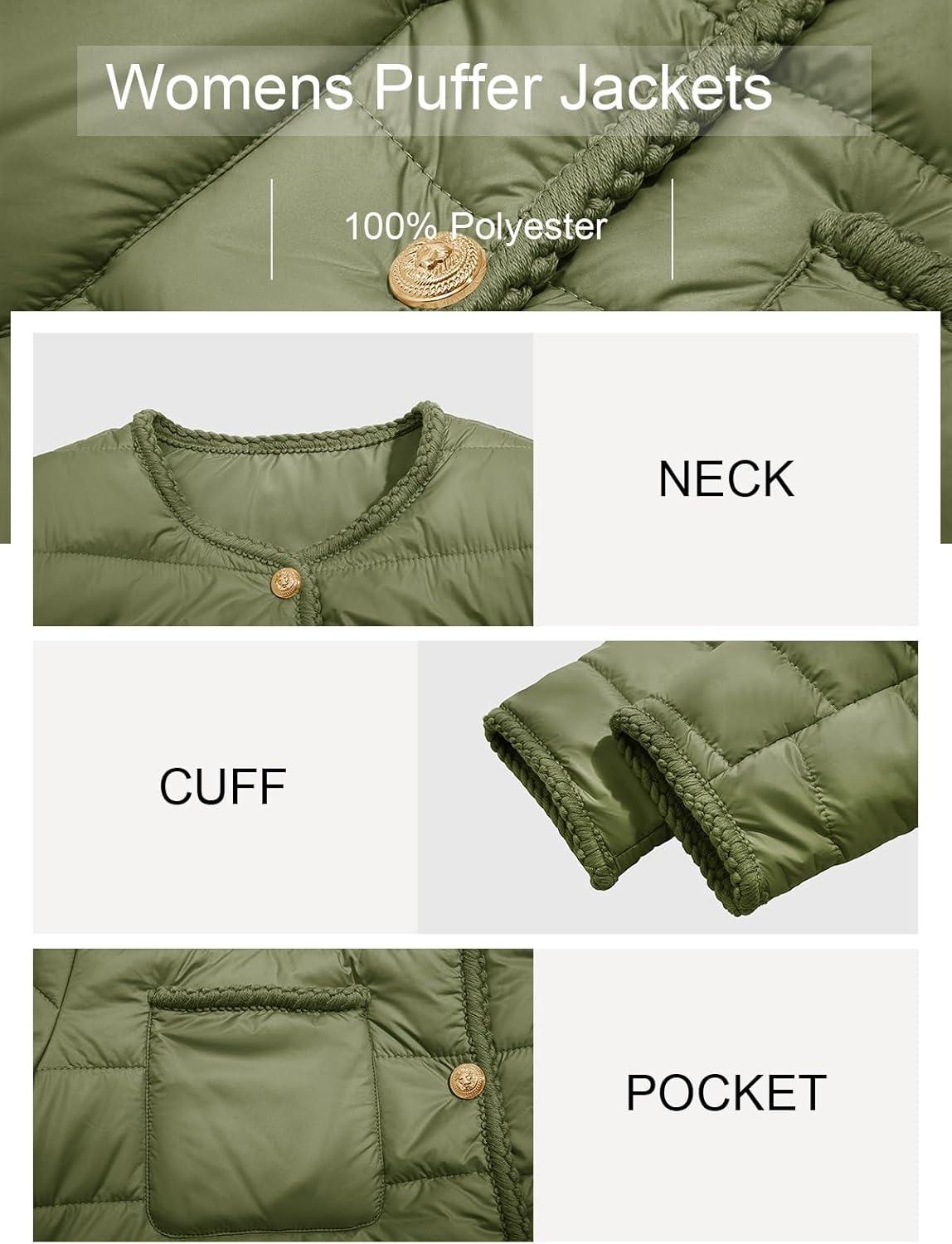 imageCicy Bell Womens Cropped Puffer Jackets Quilted Lightweight Collarless Button Down Warm Winter Coats with PocketsArmy Green