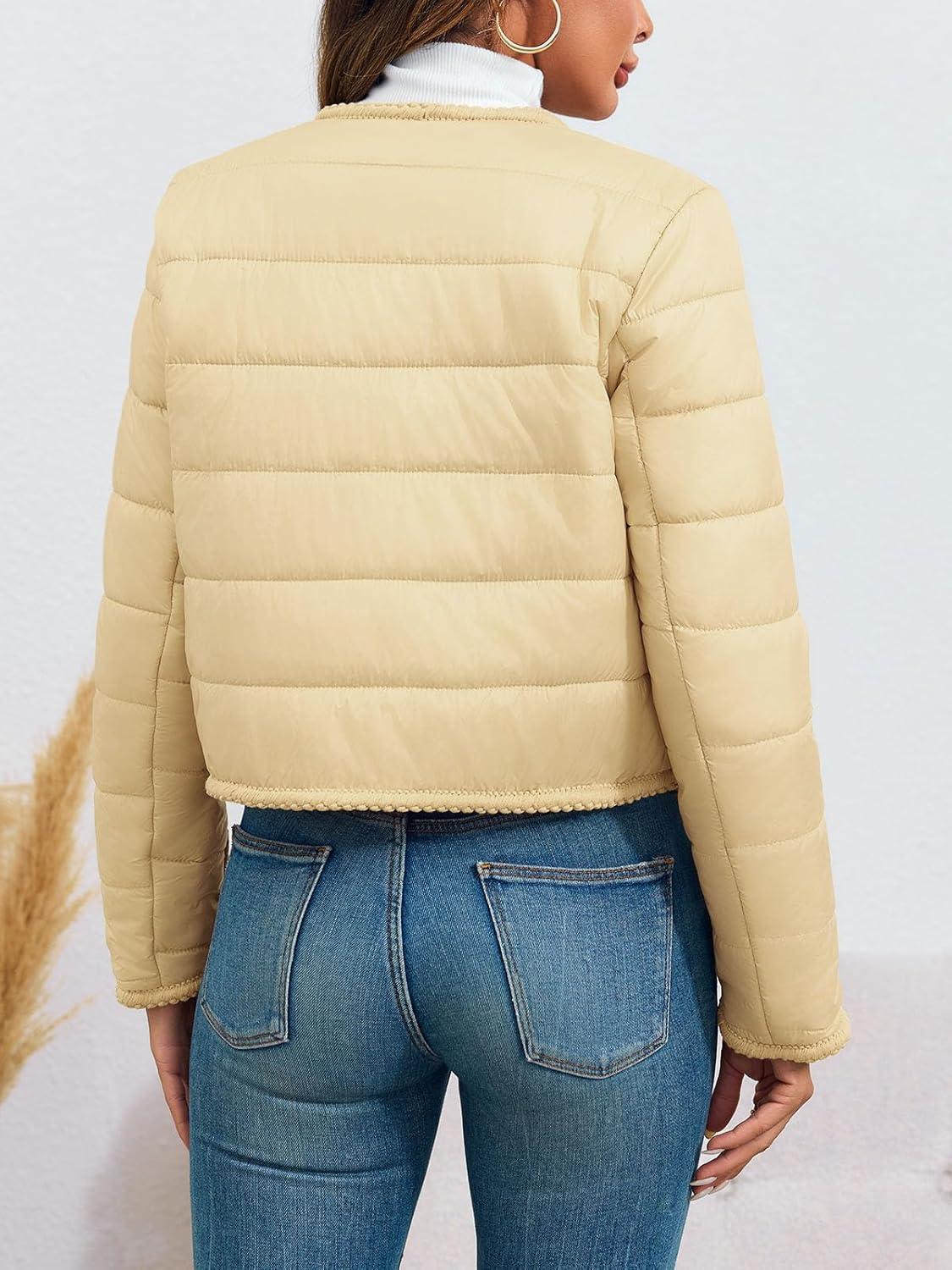 imageCicy Bell Womens Cropped Puffer Jackets Quilted Lightweight Collarless Button Down Warm Winter Coats with PocketsBeige
