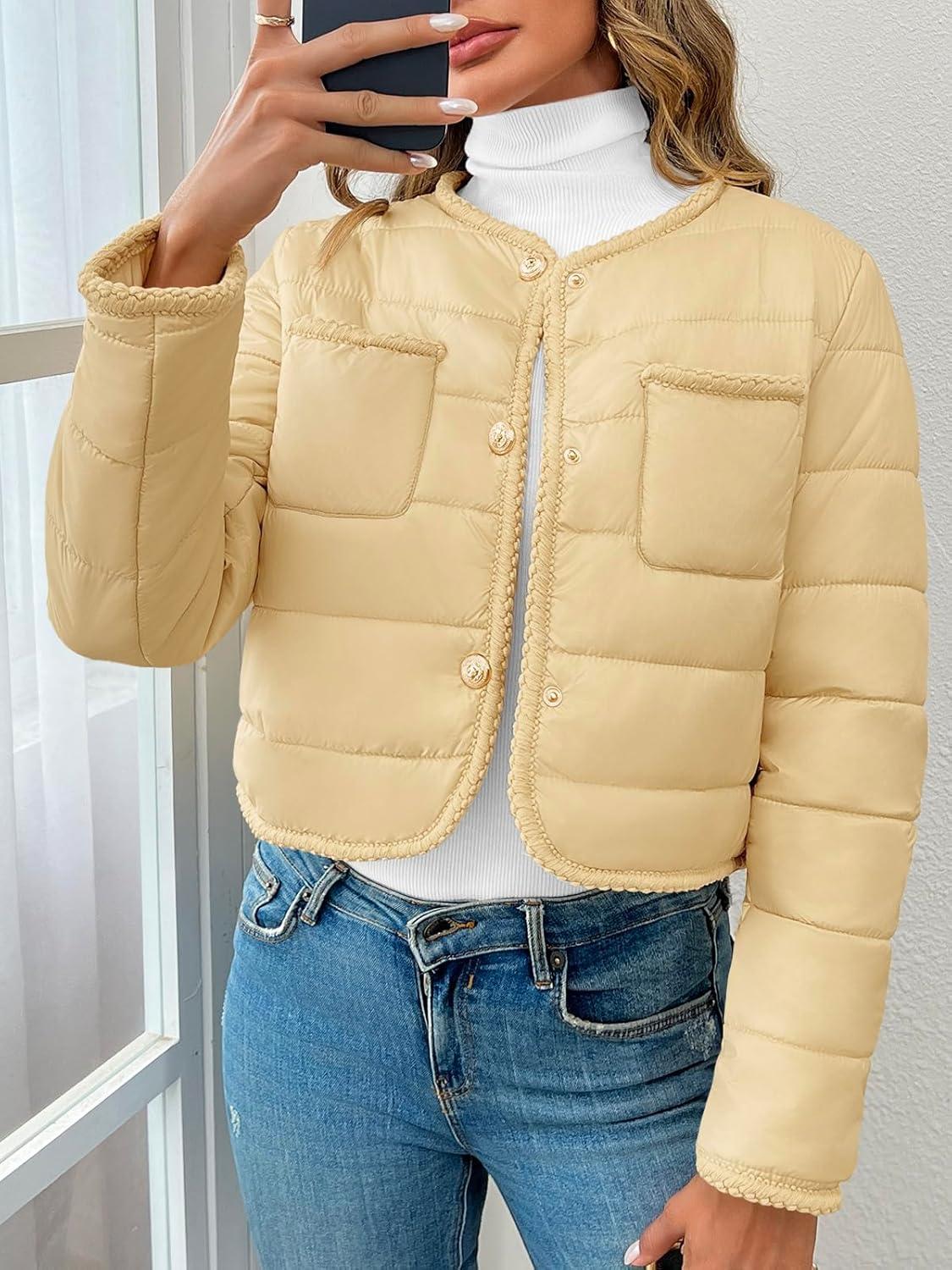 imageCicy Bell Womens Cropped Puffer Jackets Quilted Lightweight Collarless Button Down Warm Winter Coats with PocketsBeige