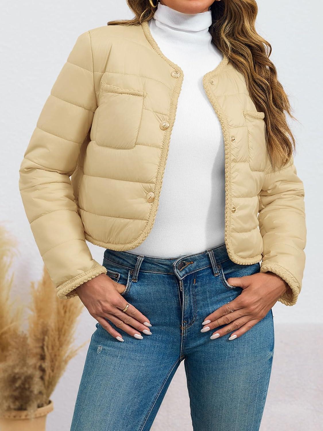 imageCicy Bell Womens Cropped Puffer Jackets Quilted Lightweight Collarless Button Down Warm Winter Coats with PocketsBeige