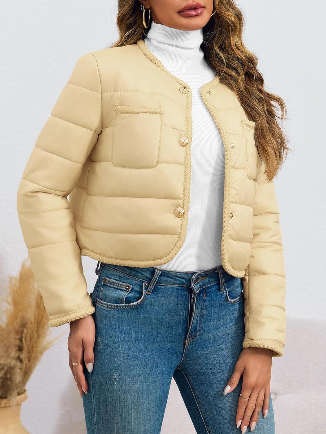 imageCicy Bell Womens Cropped Puffer Jackets Quilted Lightweight Collarless Button Down Warm Winter Coats with PocketsBeige