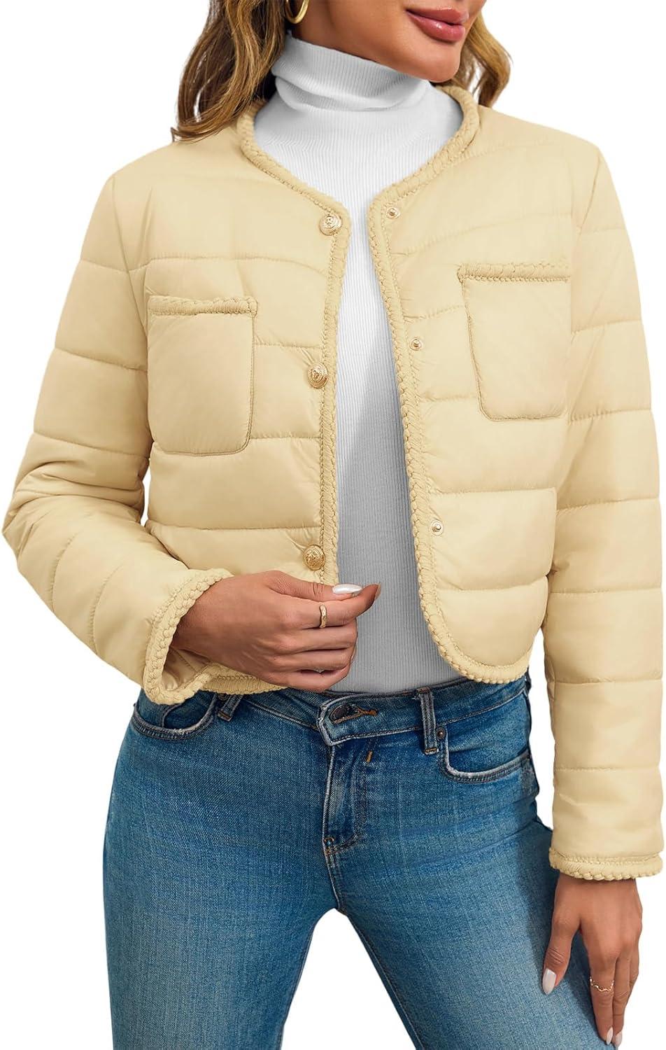imageCicy Bell Womens Cropped Puffer Jackets Quilted Lightweight Collarless Button Down Warm Winter Coats with PocketsBeige