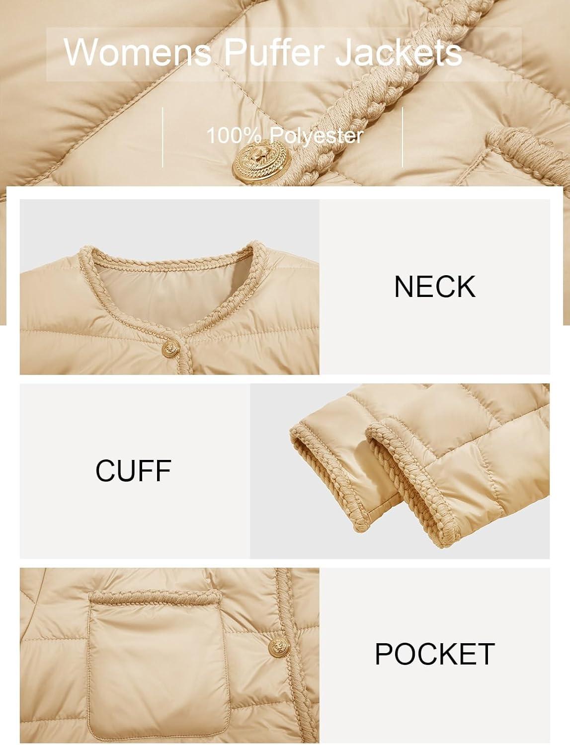 imageCicy Bell Womens Cropped Puffer Jackets Quilted Lightweight Collarless Button Down Warm Winter Coats with PocketsBeige