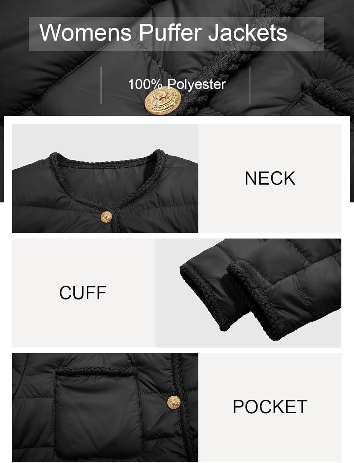 imageCicy Bell Womens Cropped Puffer Jackets Quilted Lightweight Collarless Button Down Warm Winter Coats with PocketsBlack