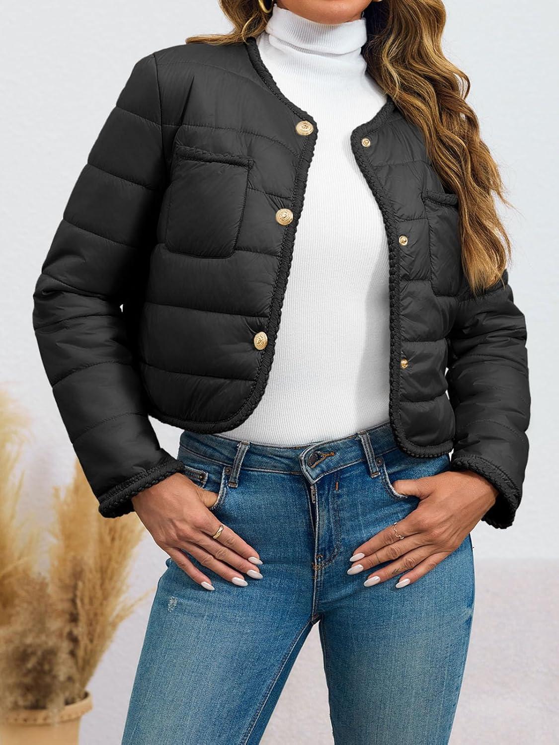 imageCicy Bell Womens Cropped Puffer Jackets Quilted Lightweight Collarless Button Down Warm Winter Coats with PocketsBlack