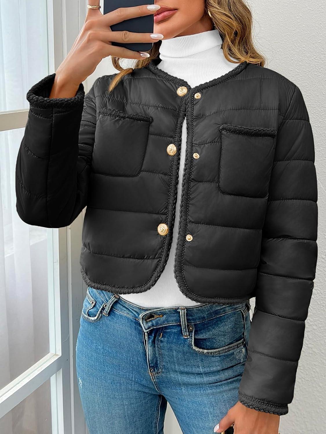 imageCicy Bell Womens Cropped Puffer Jackets Quilted Lightweight Collarless Button Down Warm Winter Coats with PocketsBlack